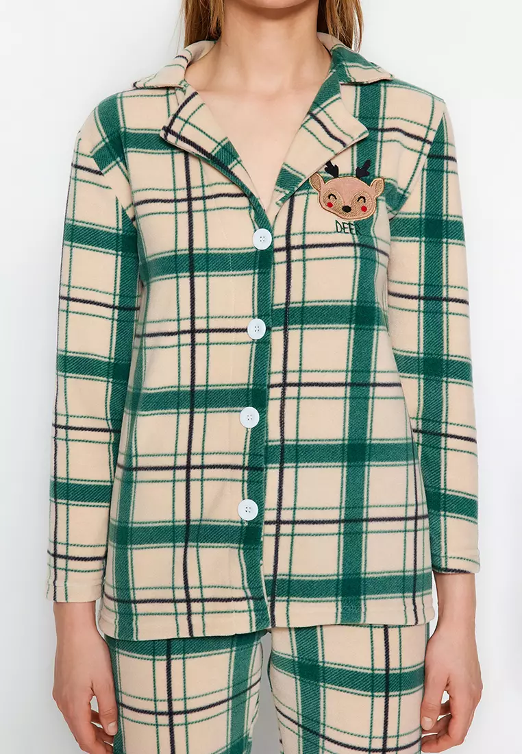 Green Embroidered Plaid Polar Fleece Winter Knitted Pajama Set THMAW24PT00175