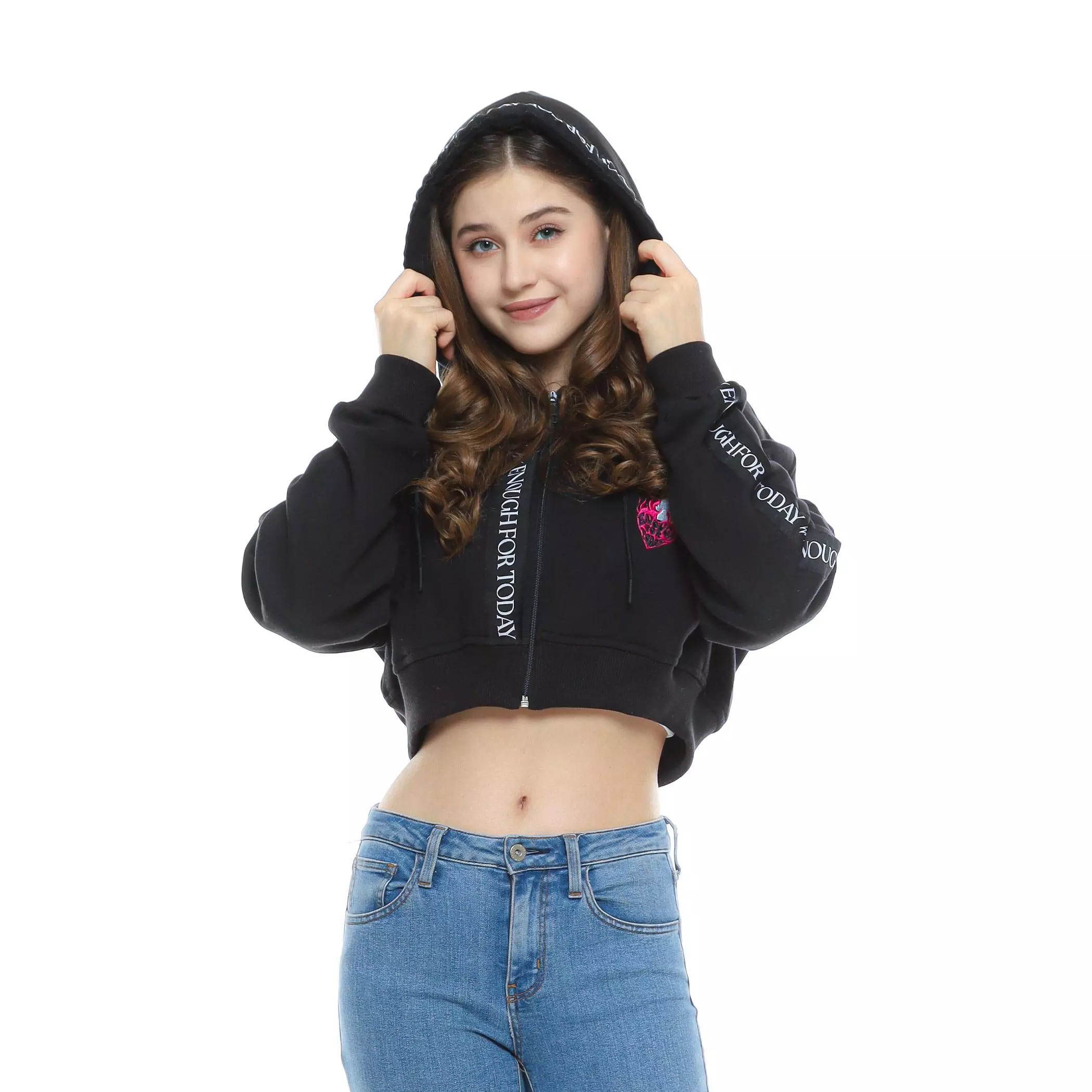 Enough For Today /KUIY,- Sweater Hoodie Crop Zipper Oversize Hitam Bordir Pita Tempel Text On Black Wanita Top Fleece