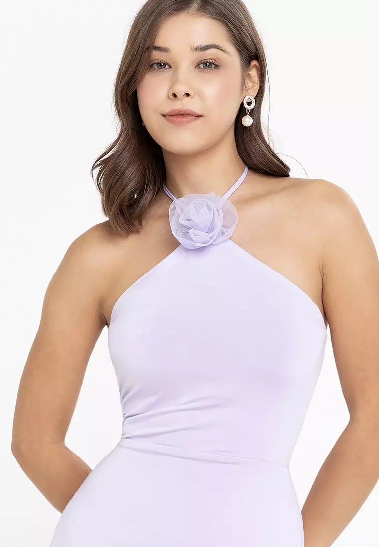 Fina Halter Mini Dress With Tulle Rose Details