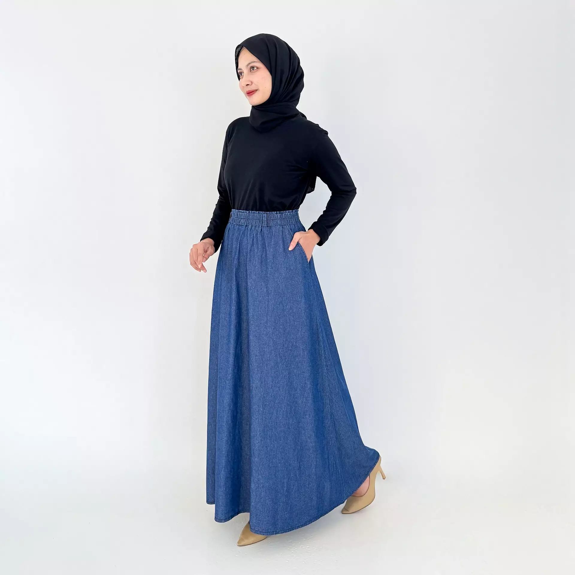 Rok Panjang Jeans Wanita - Ima Denim Flare Skirt BIRU