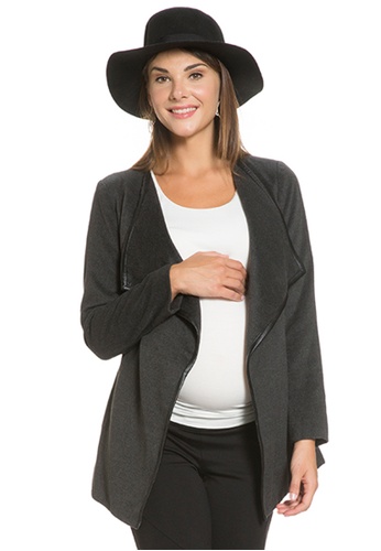 Buy Mayarya Faux Leather Trimmed Wrap Maternity Coat In Charcoal