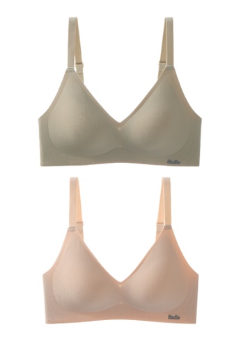 Kiss & Tell green and beige 2 Pack Premium Melanie Seamless Wireless Padded Support Bra in Green and Nude 26E9AUS77FE495GS_1