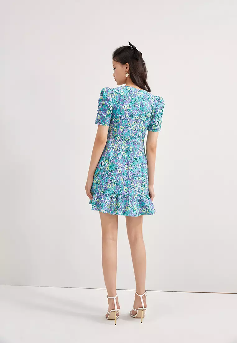 Overlap V-Neck Floral Mini Dress