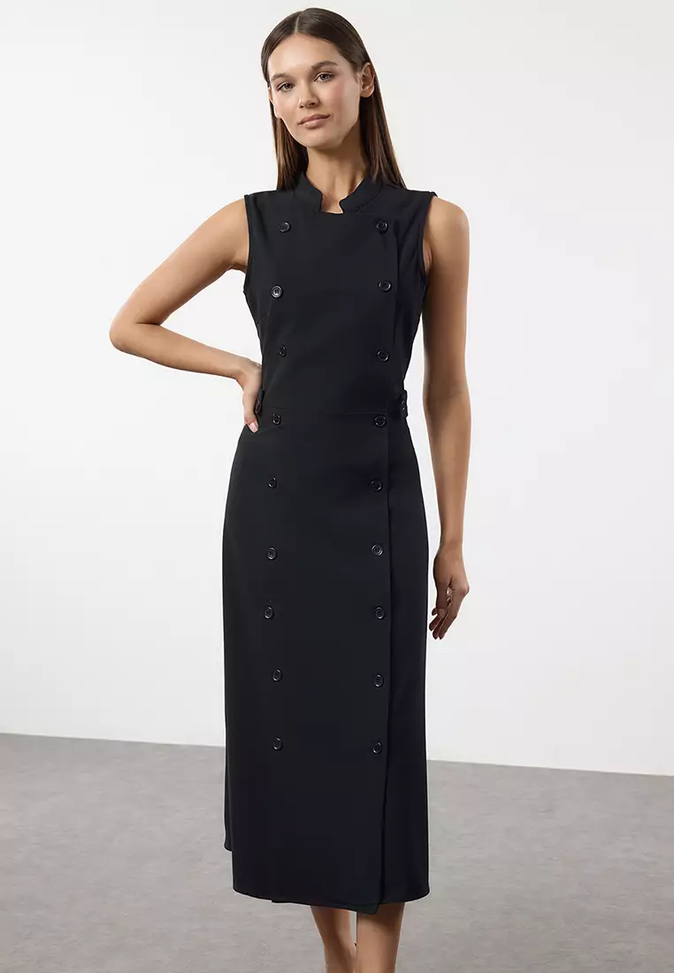 Mandarin Collar Sleeveless Midi Dress