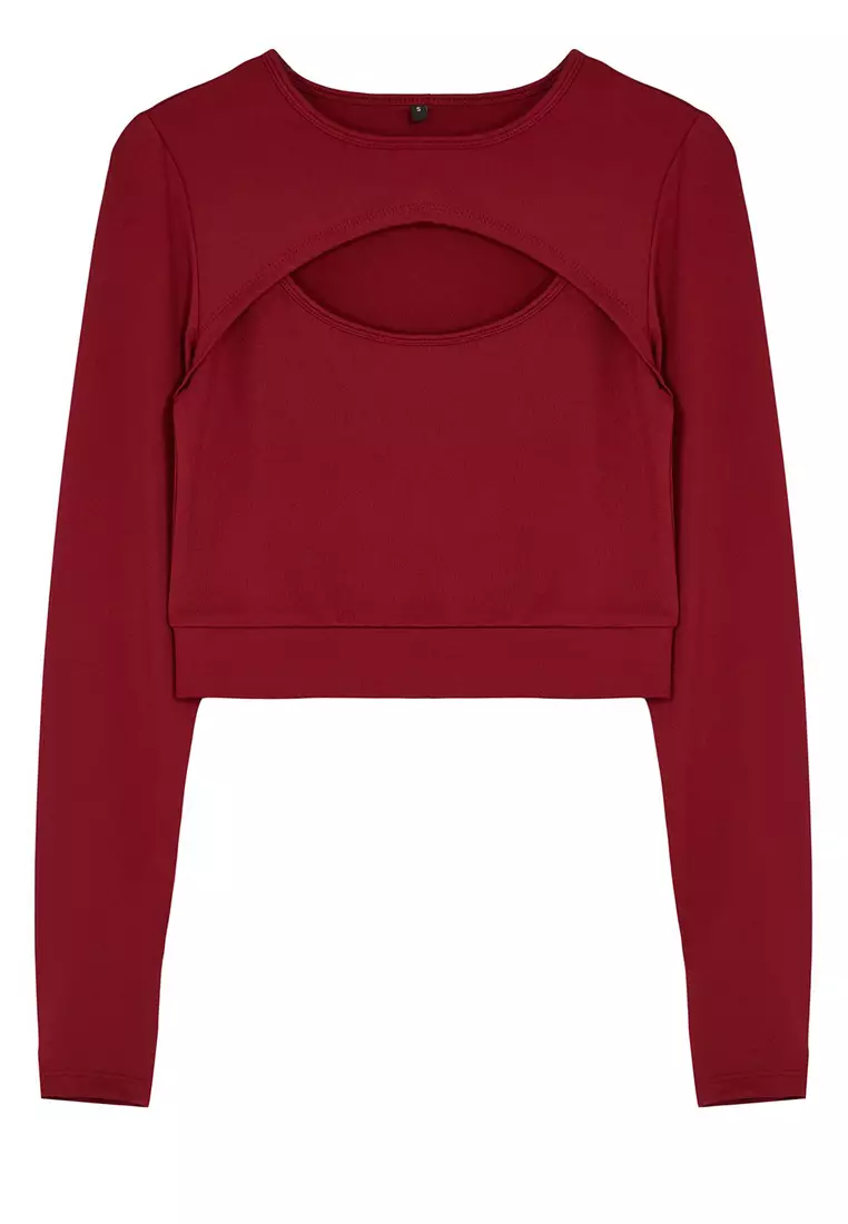 Burgundy Crop Window/Cut Out and Thumb Hole Detailed Knitted Sports Top/Blouse TWOAW22BZ0481