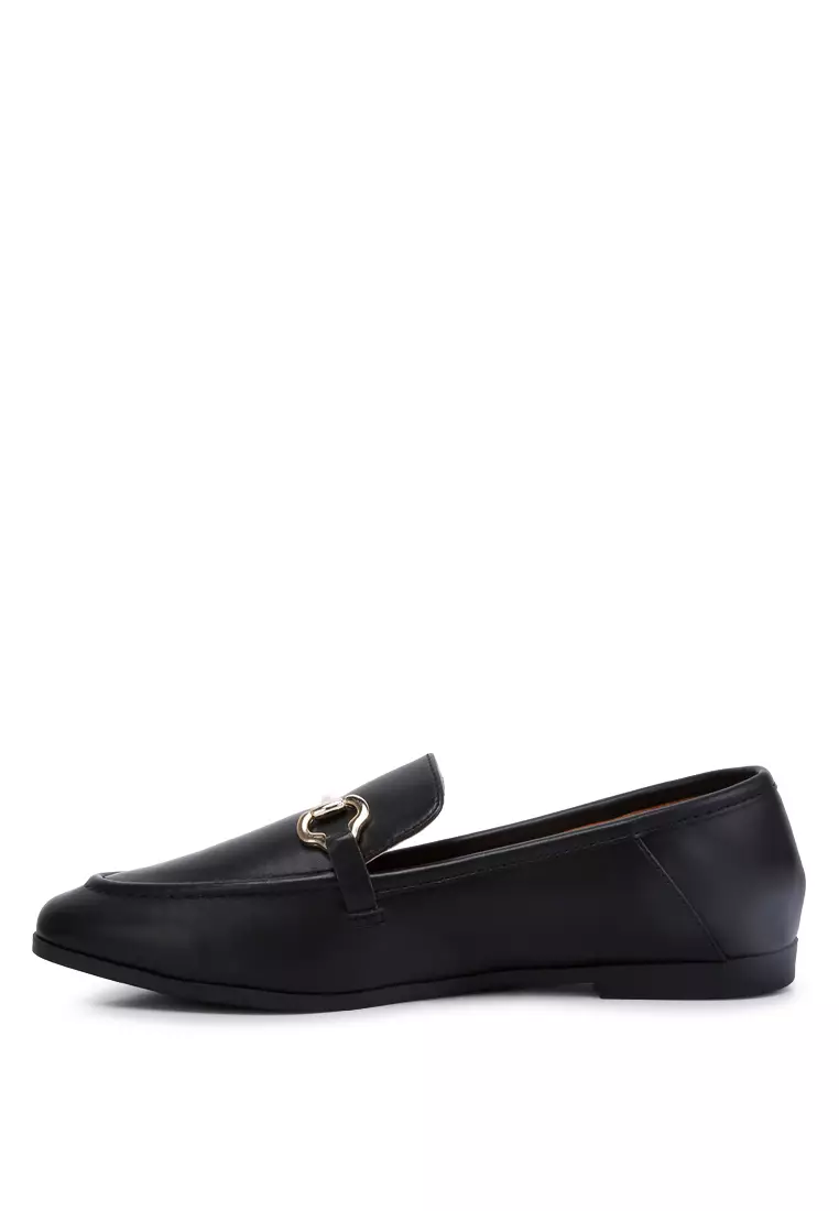 Horsebit Embellished Faux Leather Loafers in Black