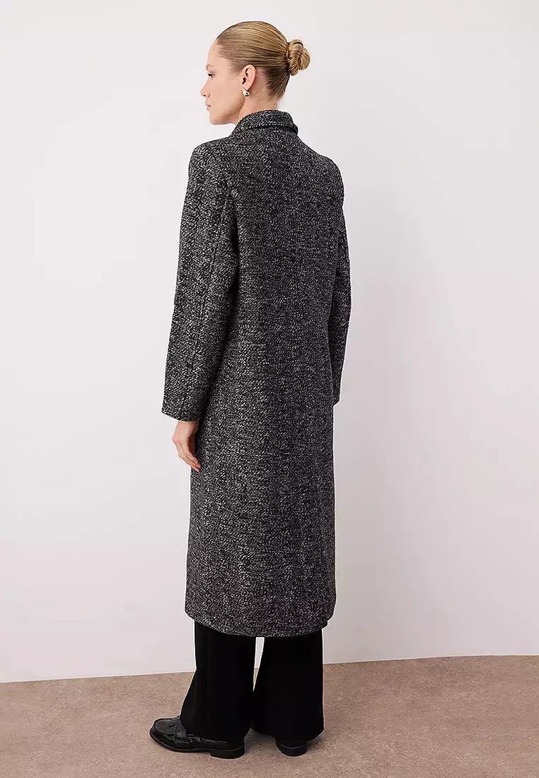 Herringbone Mono Closure Fitted Maxi Wool Cashmere Coat