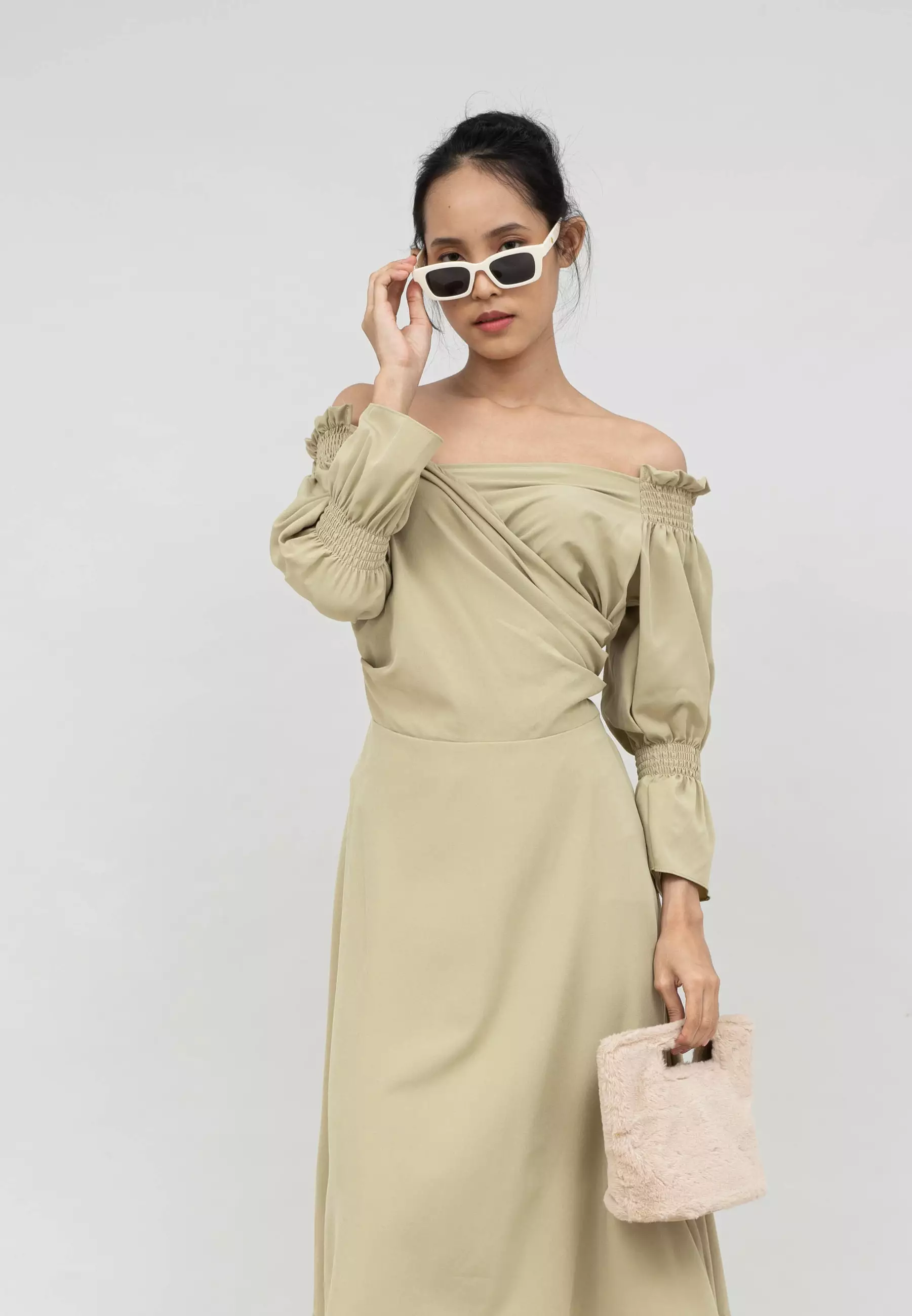 Houseofcuff Blossom Dress in Beige Dress Crepe Model Sabrina