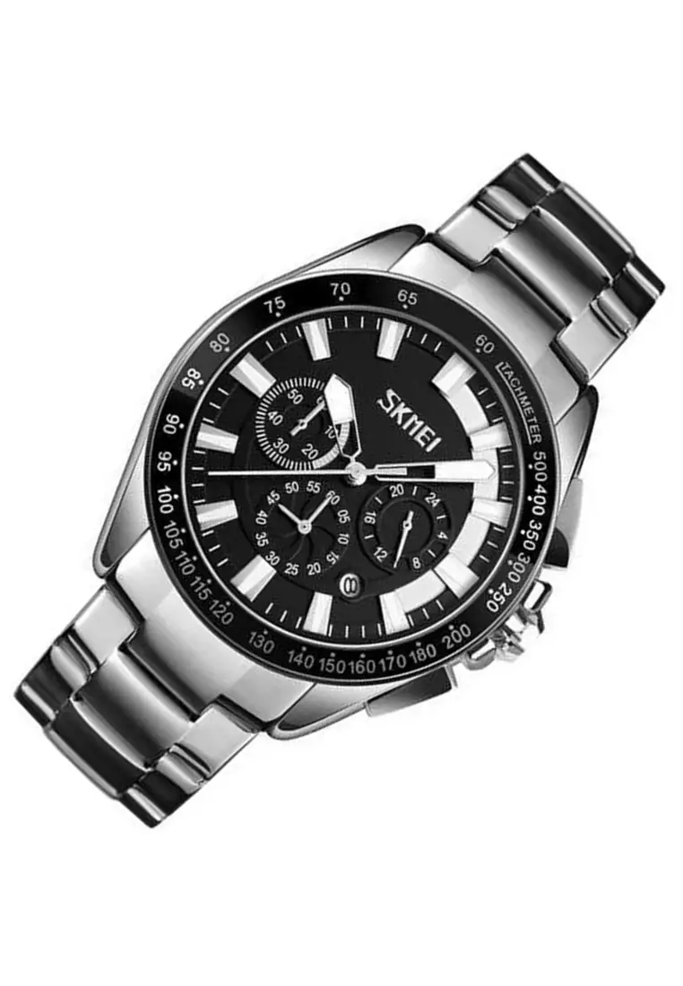 Jam Tangan Analog Pria Strap Stainless Steel Stopwatch Waterproof 30m Minute Second Dial Calendar OO77 ORIGINAL