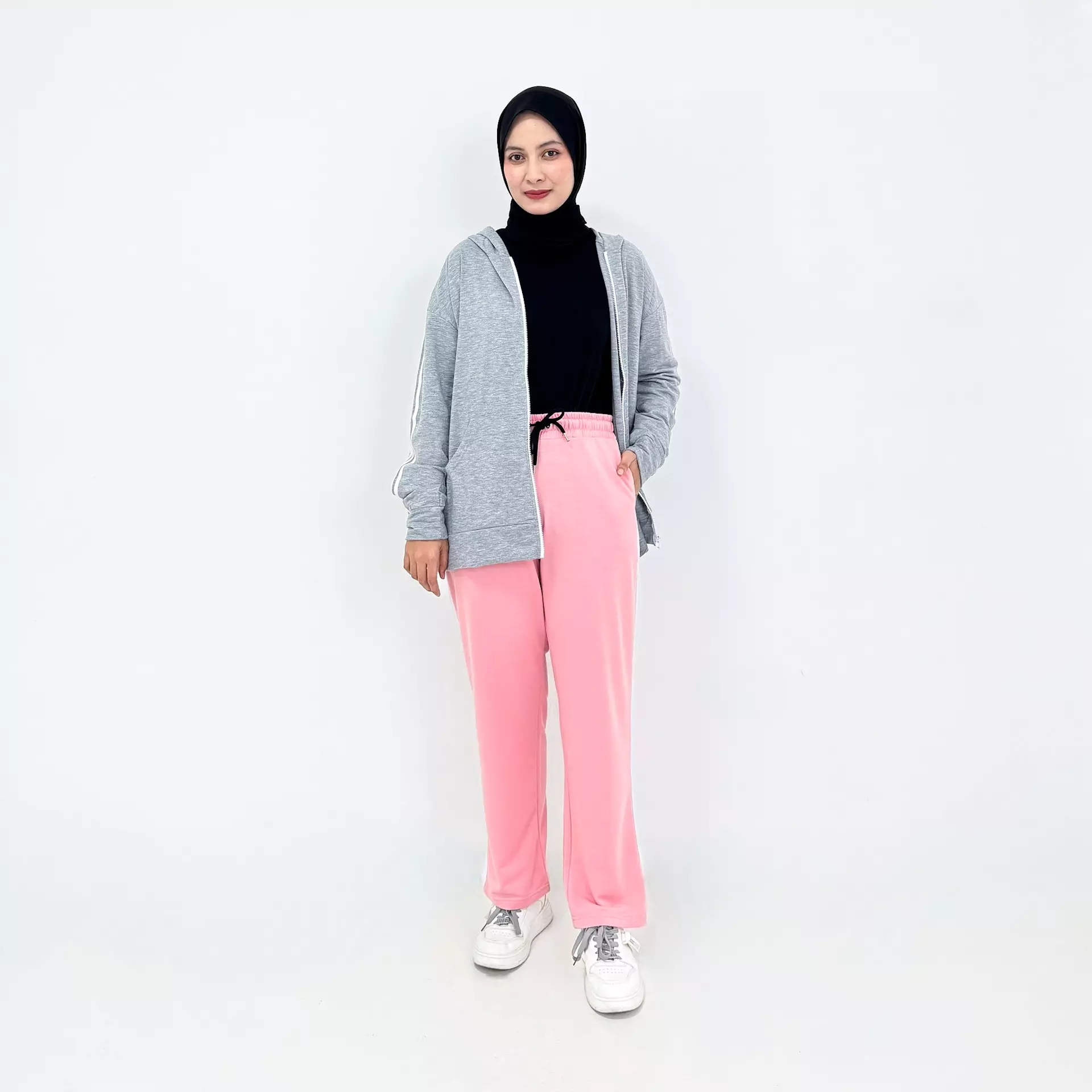 Set Sporty Mandasya | Setelan Hoodie Olahraga Wanita ABU - PINK