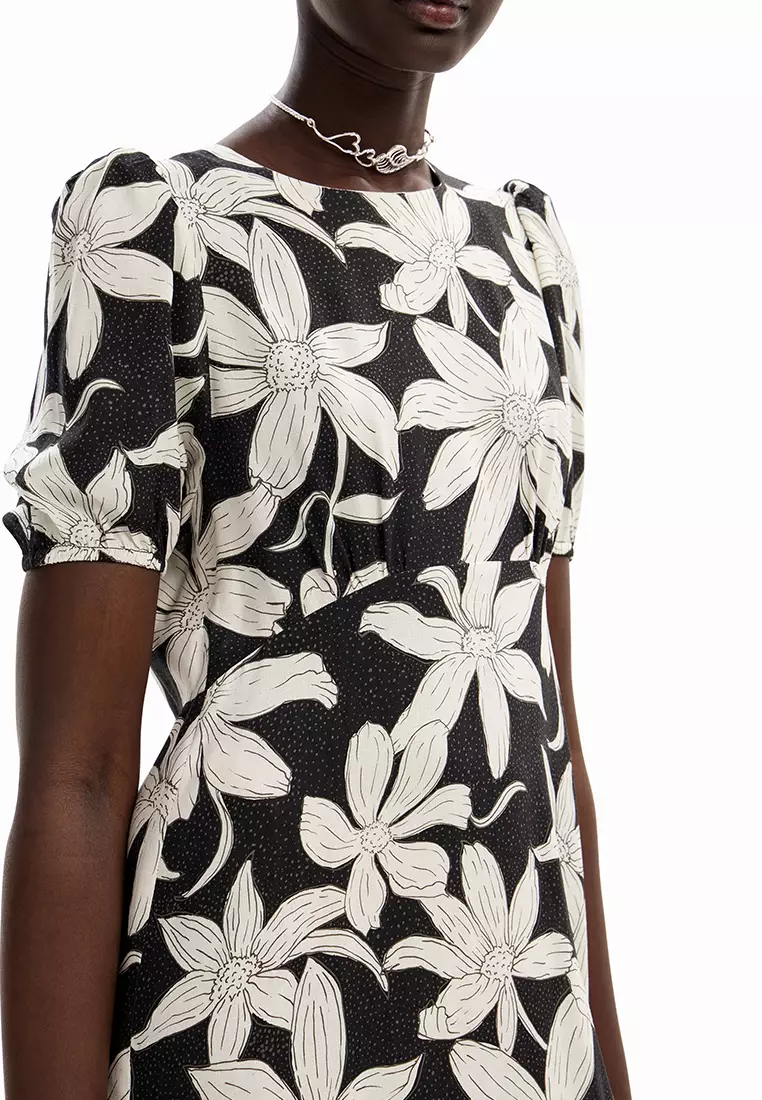 Desigual Women's Small Dress Gray Pink Rose Floral Shimmer Banded Hem EUC
