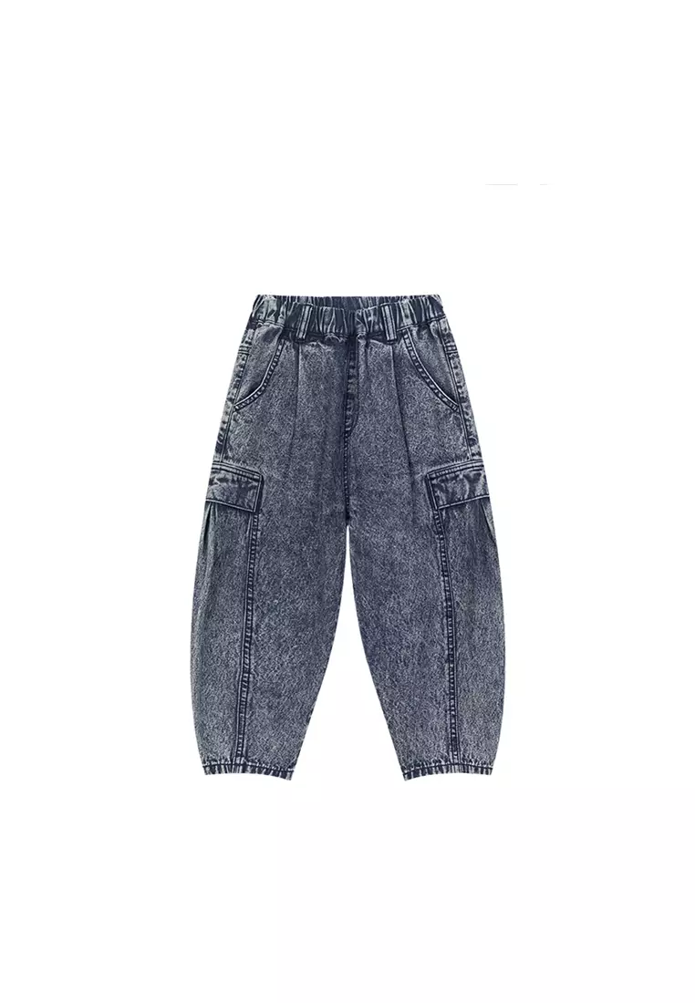 男童裤子秋宽松复古雪花洗锥形牛仔裤