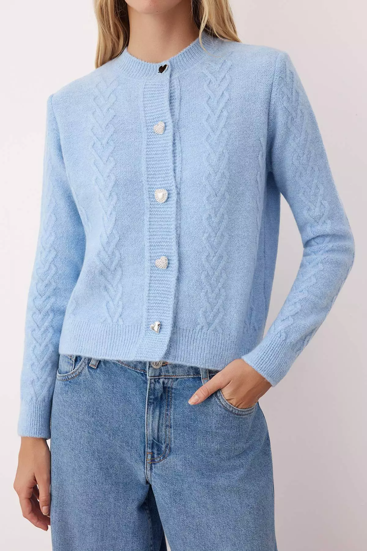 Light Blue Hair Knit Button Detailed Soft Textured Knitwear Cardigan Twoaw26Hi00040