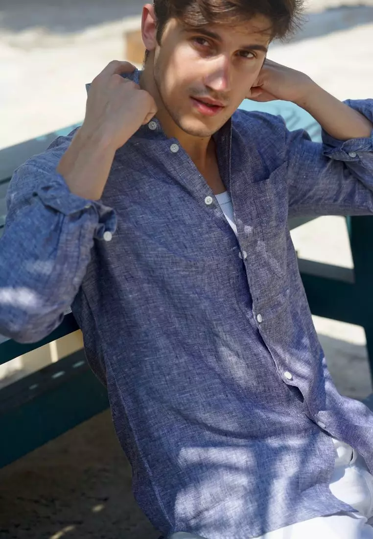 Nissi Kemeja Linen Lengan Panjang Pria Abu | Linen Long Sleeve Shirt Men Grey