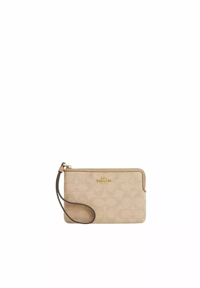 COACH Coach Corner Zip Wristlet Signature Canvas In Dark Natural