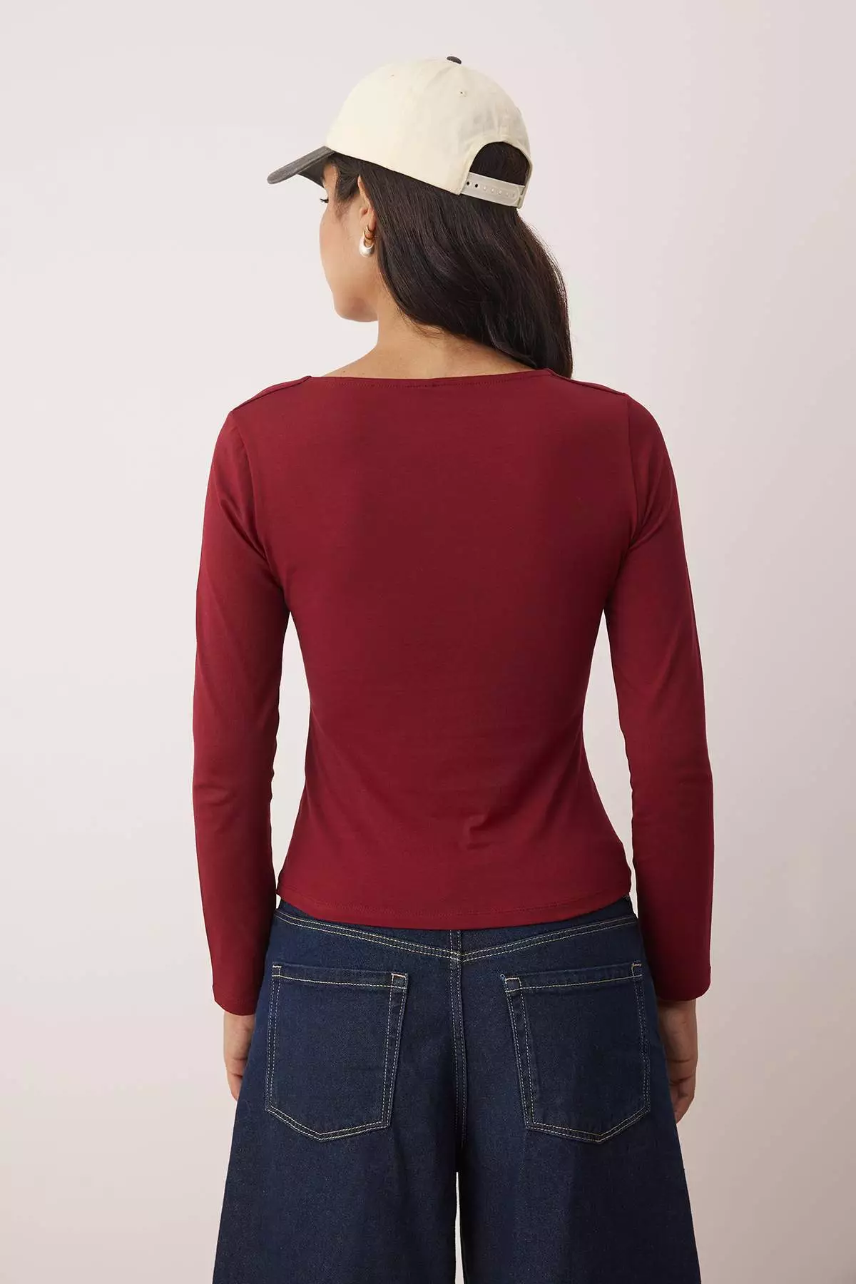 Burgundy Cotton Flexible Square Collar Fitted/Body-Smoothing Knitted Blouse Twoaw24Bz00016
