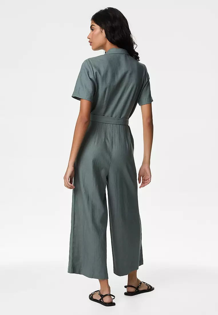 Linen Blend Belted Utility Jumpsuit
