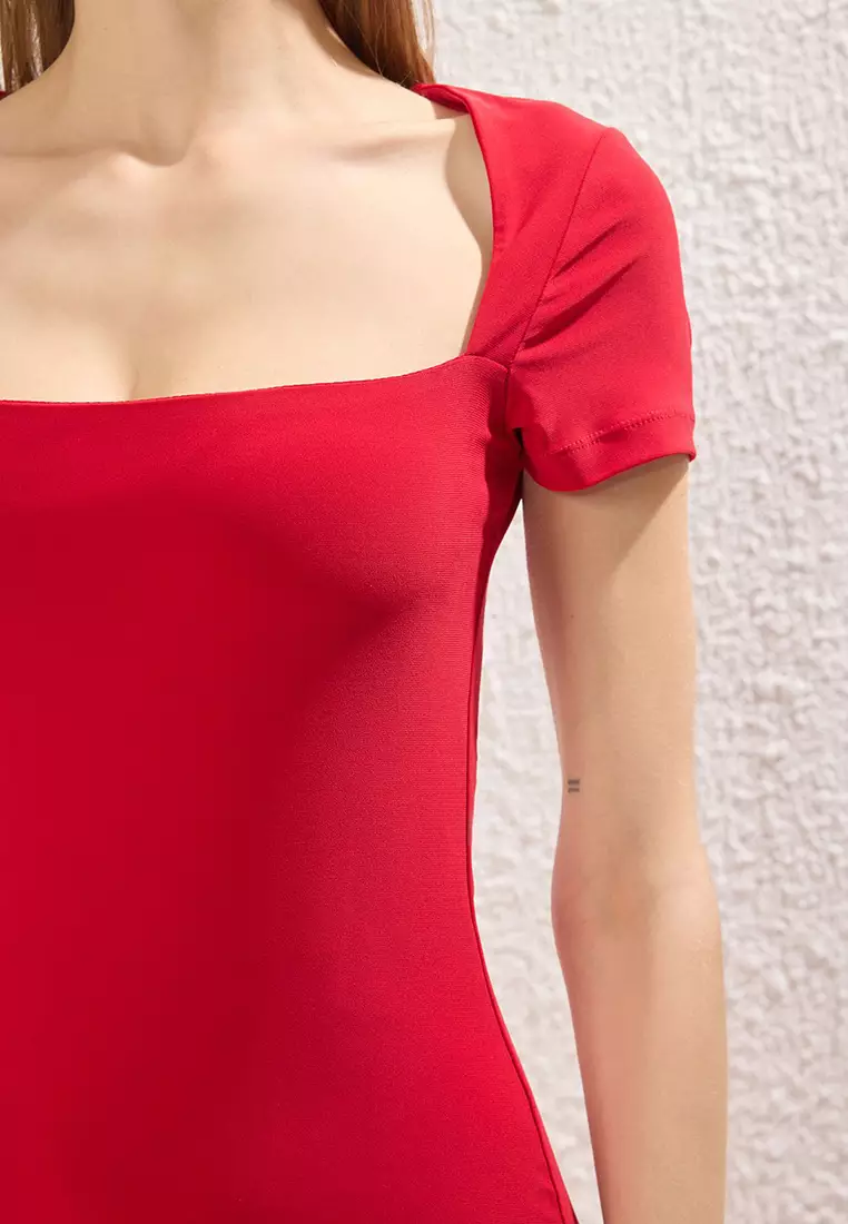 Red Square Neck Bodycone/Fits Body Stretchy Midi Knit Dress Twoss25El00691
