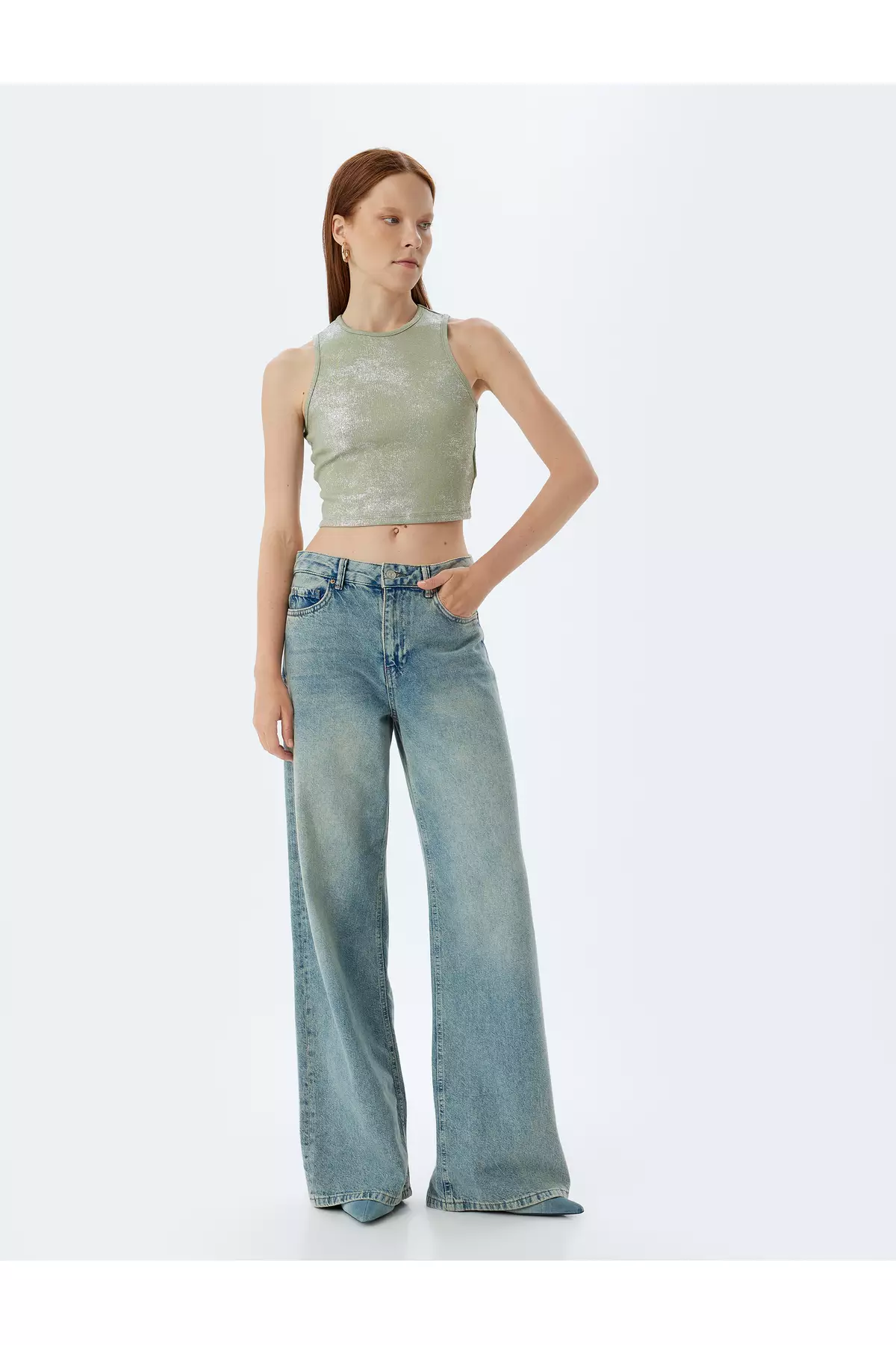 Halter Collar Ribbed Crop Tank Top with Metallic Print Detail