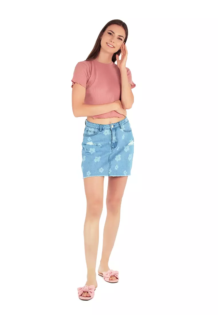 Light Blue Flower Print Ripped Jeans Mini Skirt