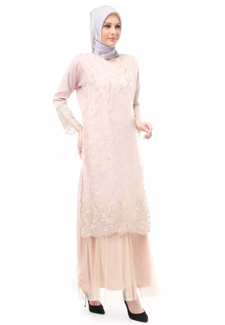 Diana Gamis Brukat Wanita Muslimah Lapis Moscrepe Premium Quality - Coksu Krem
