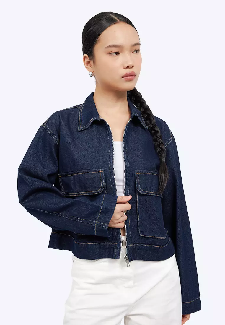 Double Pocket Zip Up Denim Jacket