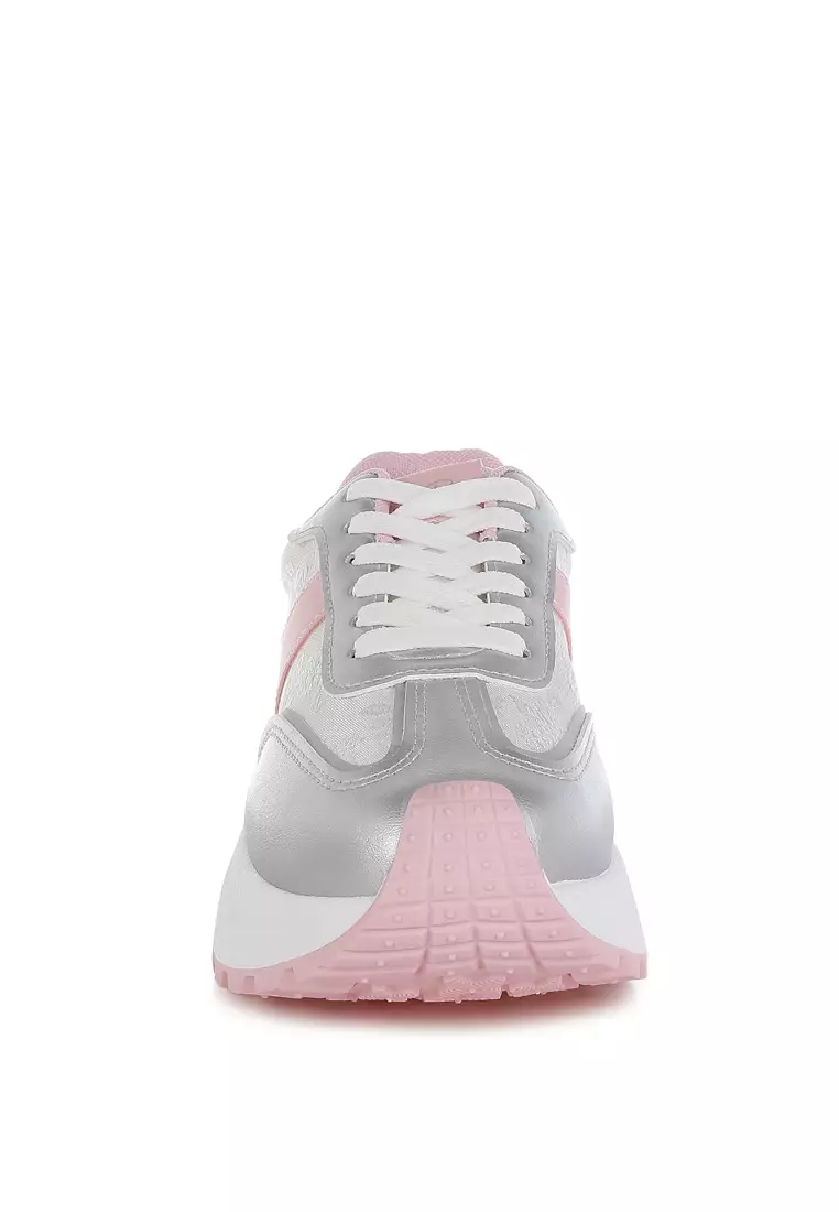 Print Embroidery Detail Metallic Sneakers in Silver & Pink