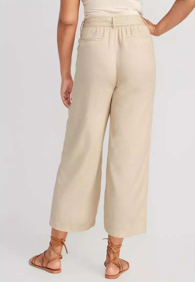 High-Waisted Linen-Blend Cropped Wide-Leg Pants