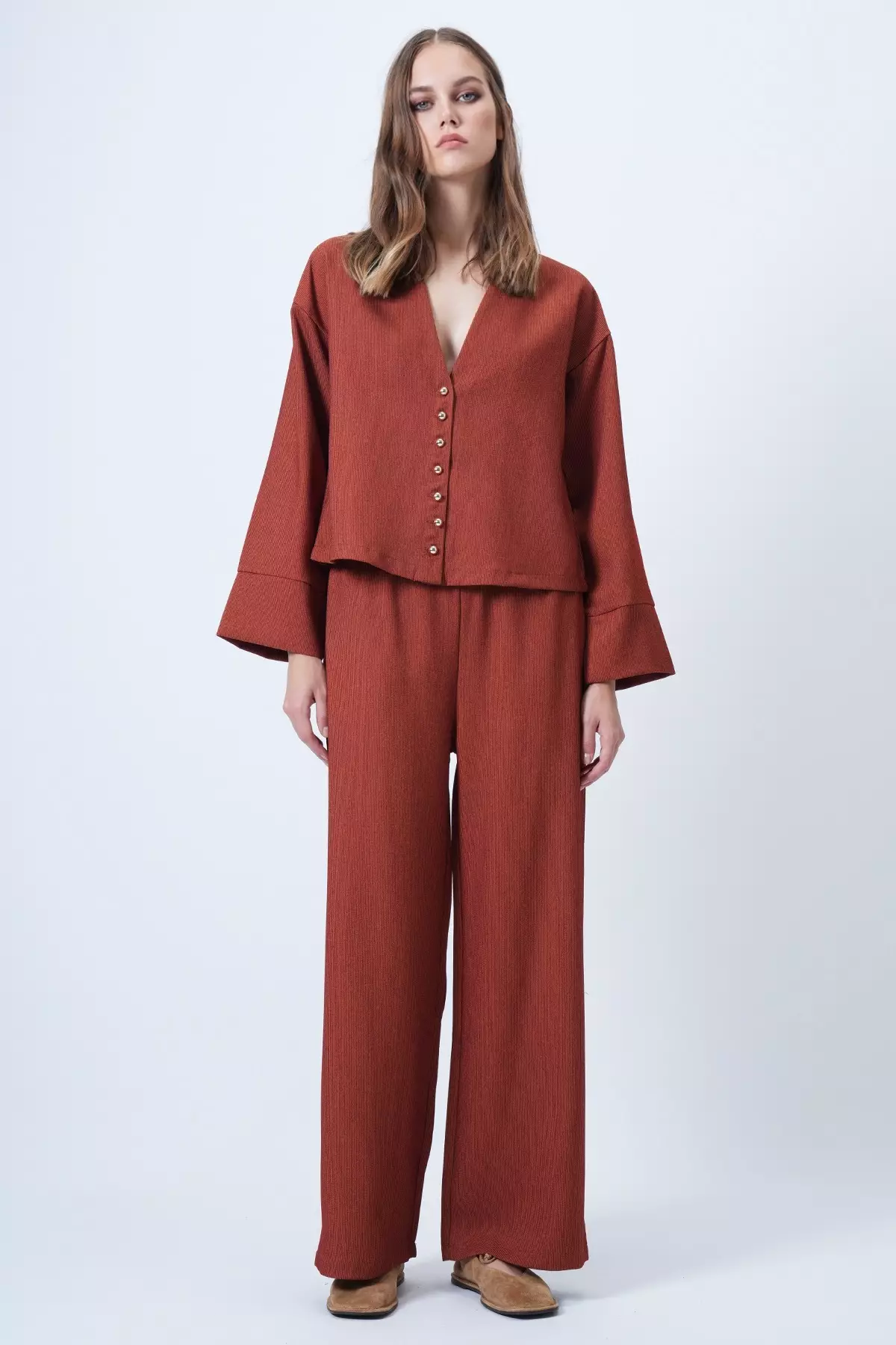 Kiremit Hakim Lapel Collar Gold Button Detailed Velvet Jacket And Palazzo Trousers Two-Piece Set Alc-X14633