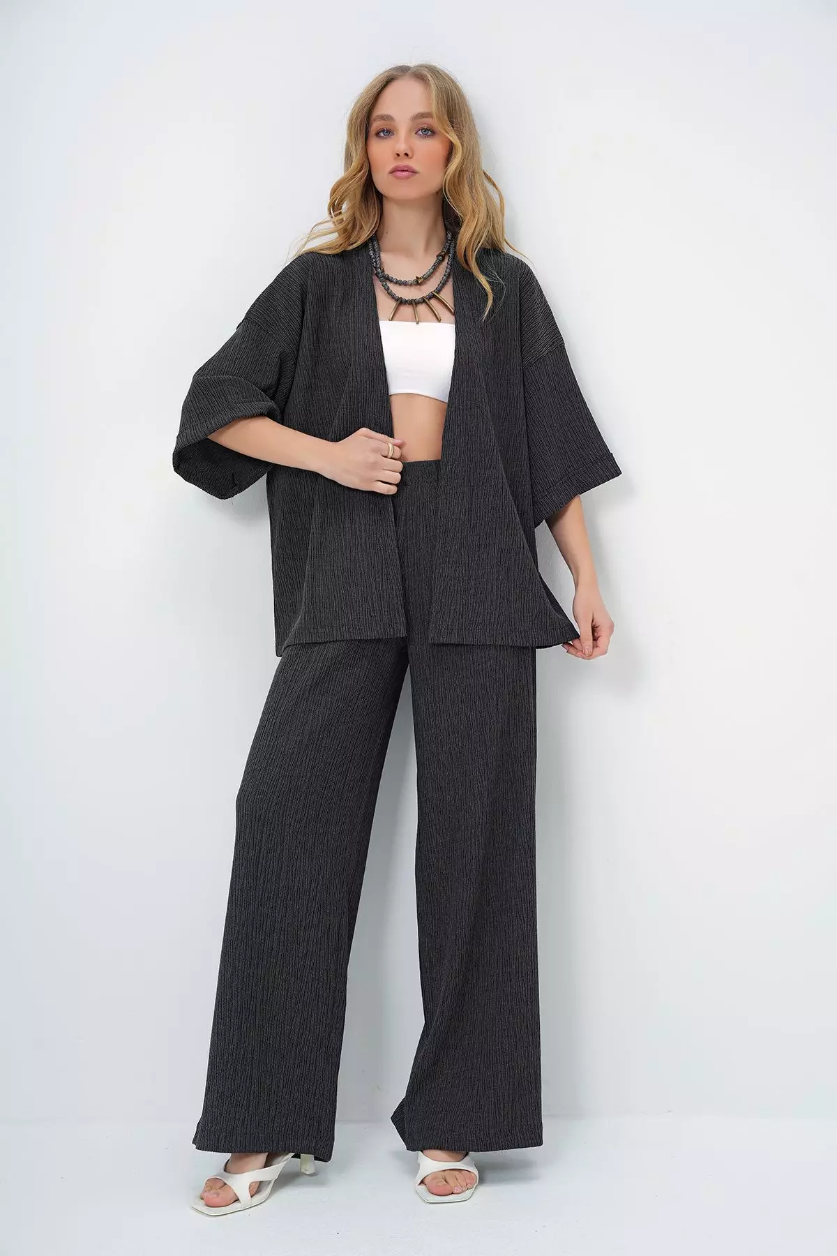 Women's Anthracite Double Sleeve Wrap Fabric Summer Kimono And Trouser Set