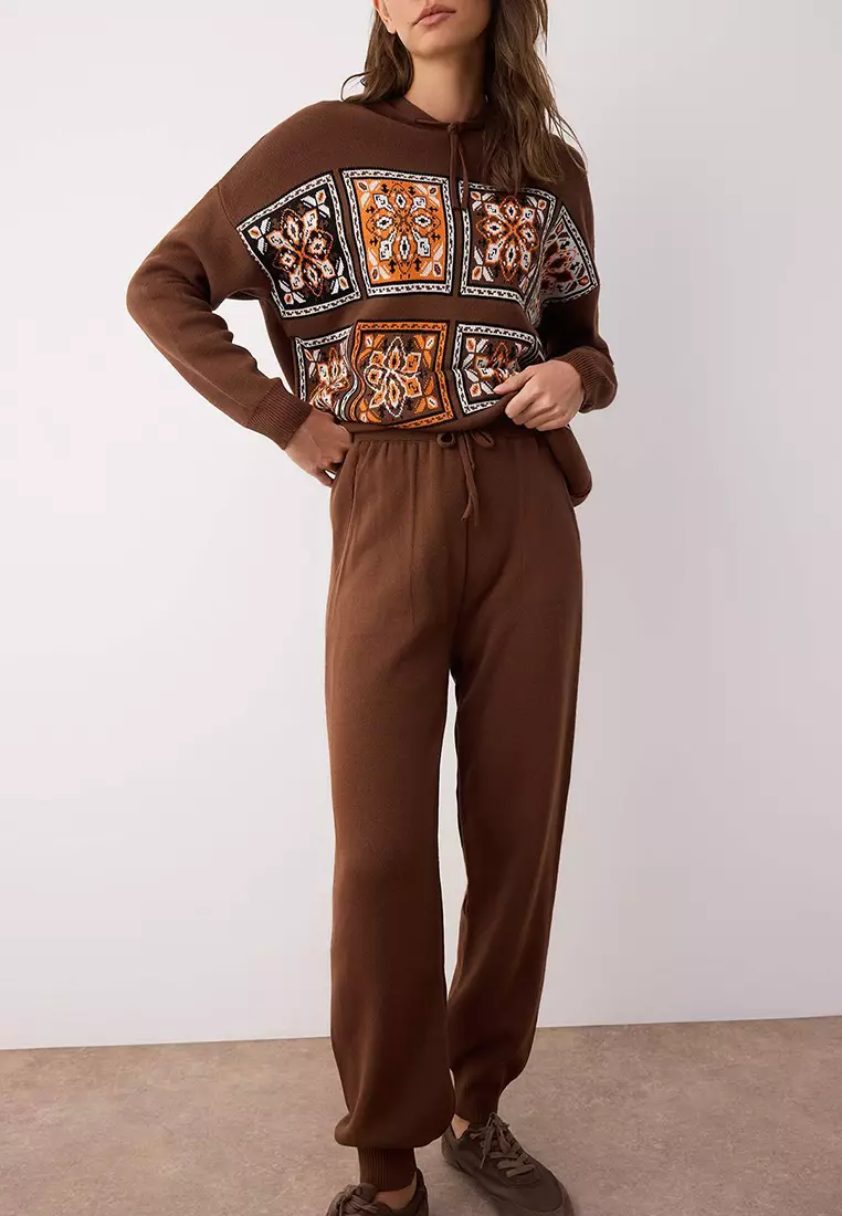 Brown Hooded Ethnic Pattern Knitwear Bottom Top Set