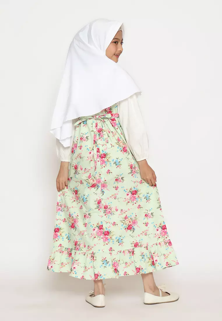 Baju Gamis Anak Perempuan Bunga Pita Hijau With Model - BLESS