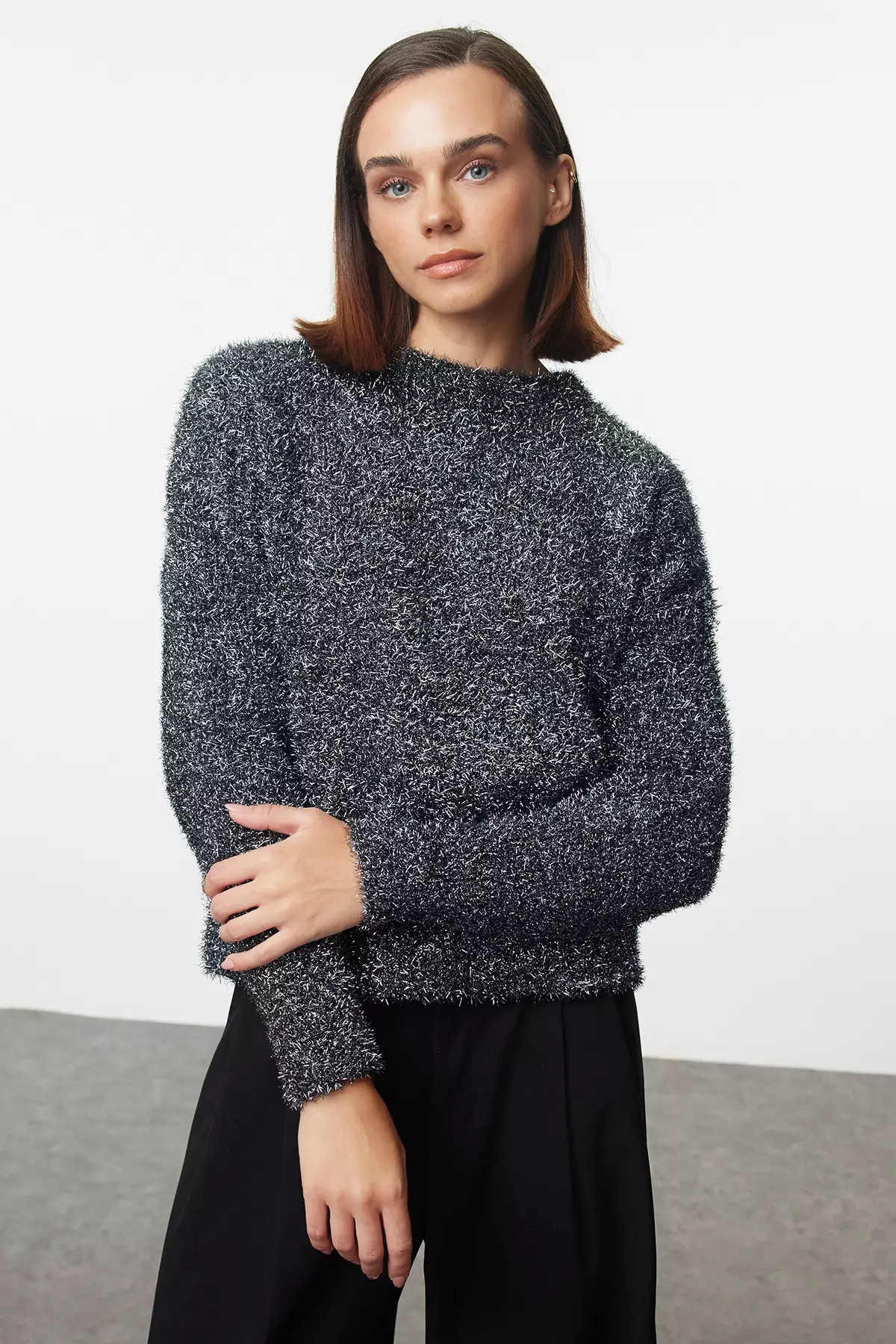 New Year's Themed Anthracite Glitter Knitwear Sweater