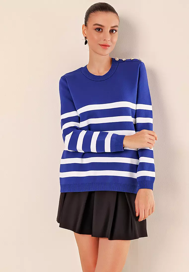 Button Detail Striped Sweater Sax