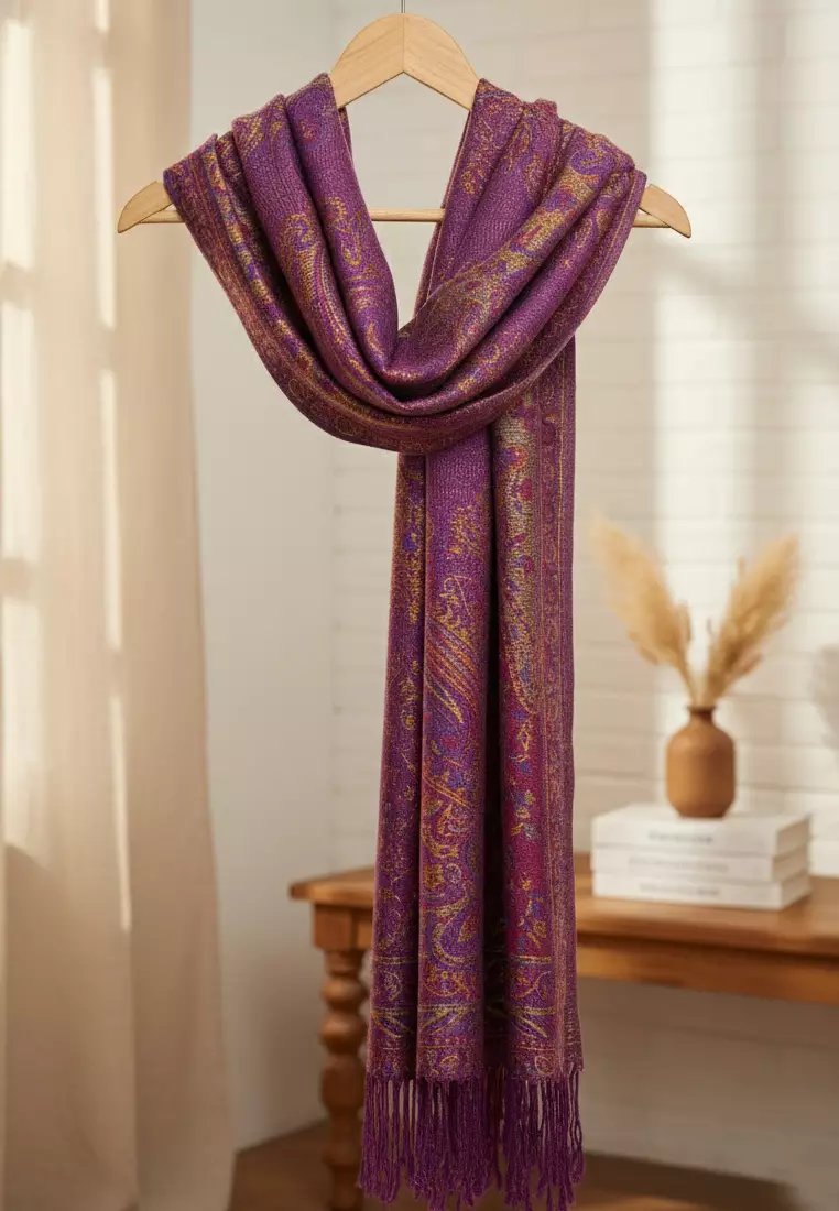Aksesoris Wanita Reversible Viscose Full Paisley Pattern Pashmina Shawl Syal Wanita Lavender Gold