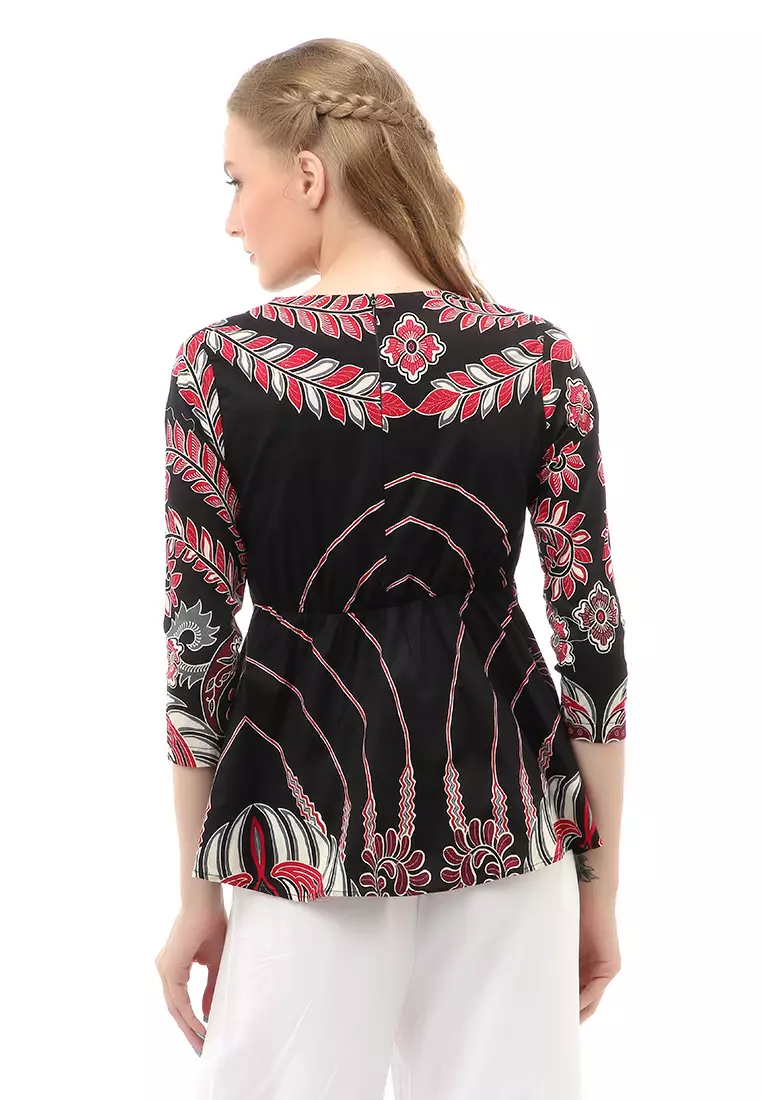 Lynelle Atasan Kasual Wanita Blouse Batik Lengan Panjang Material Cotton ORIGINAL - Red Black