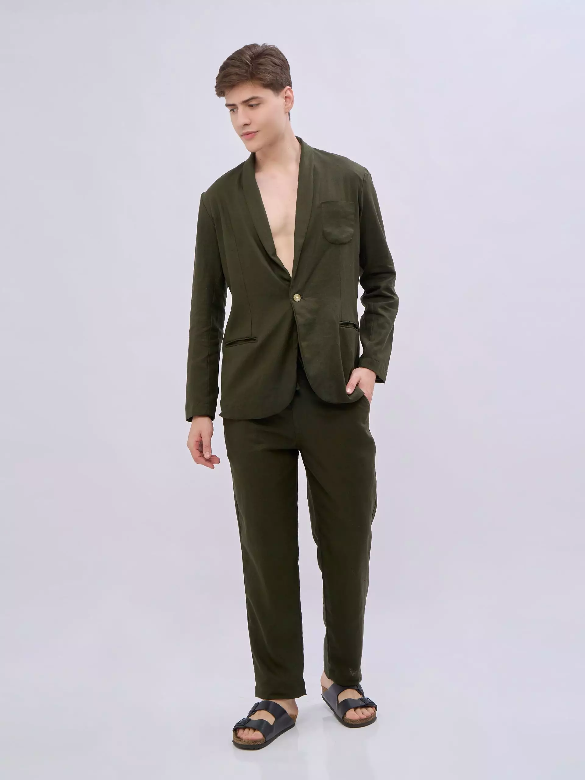 Midnight Green Setelan Blazer Celana Linen Pria Hijau Army - Linen Blazer Set for Men Army Green