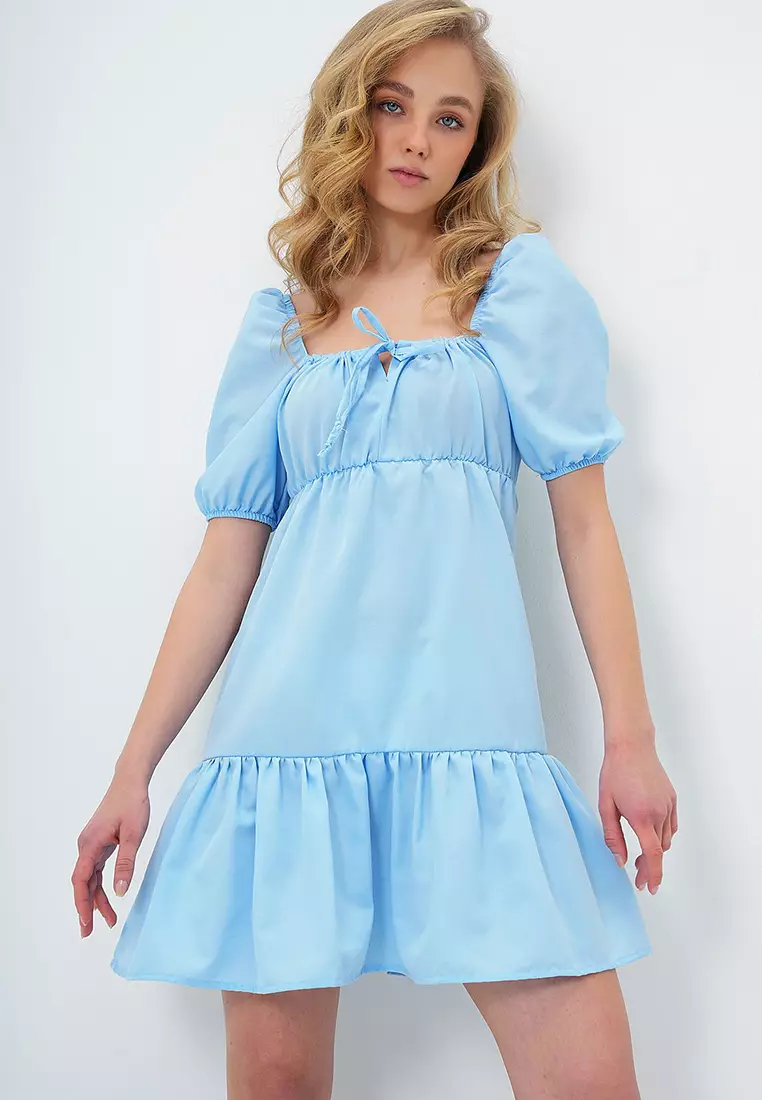 Women's Baby Blue Square Neck Balloon Sleeve Poplin Mini Dress Alc-X13594
