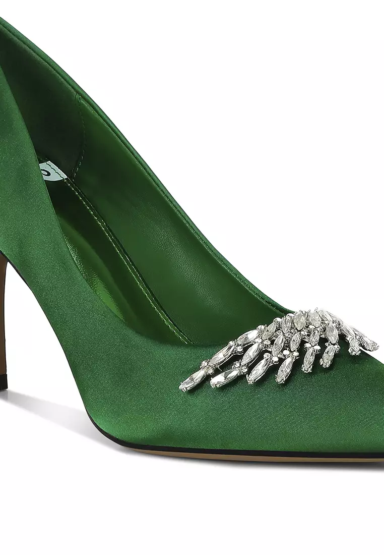 Diamante Brooch Detail Satin Pumps In Green