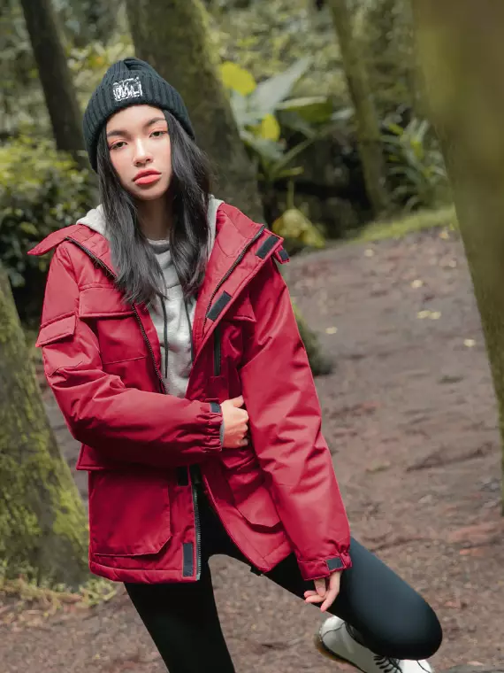 Red jacket online with zippers