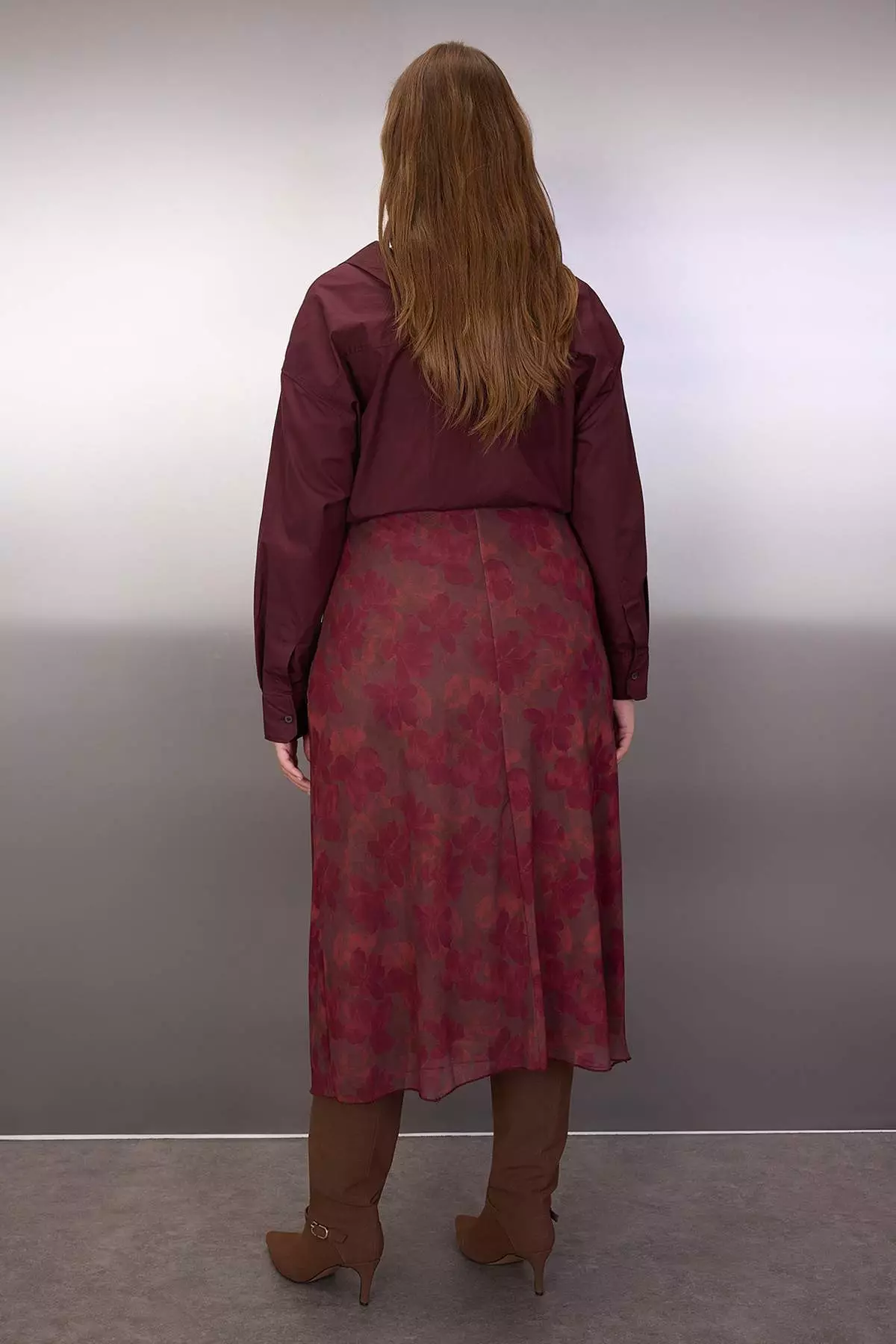 Burgundy A-Line Floral Pattern Tulle Knitted Plus Size Skirt Tbbaw25Az00006