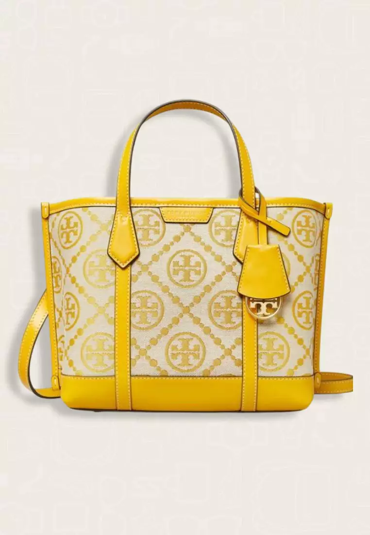 Tory Burch Perry T Monogram Small Triple-Compartment Tote Goldfinch