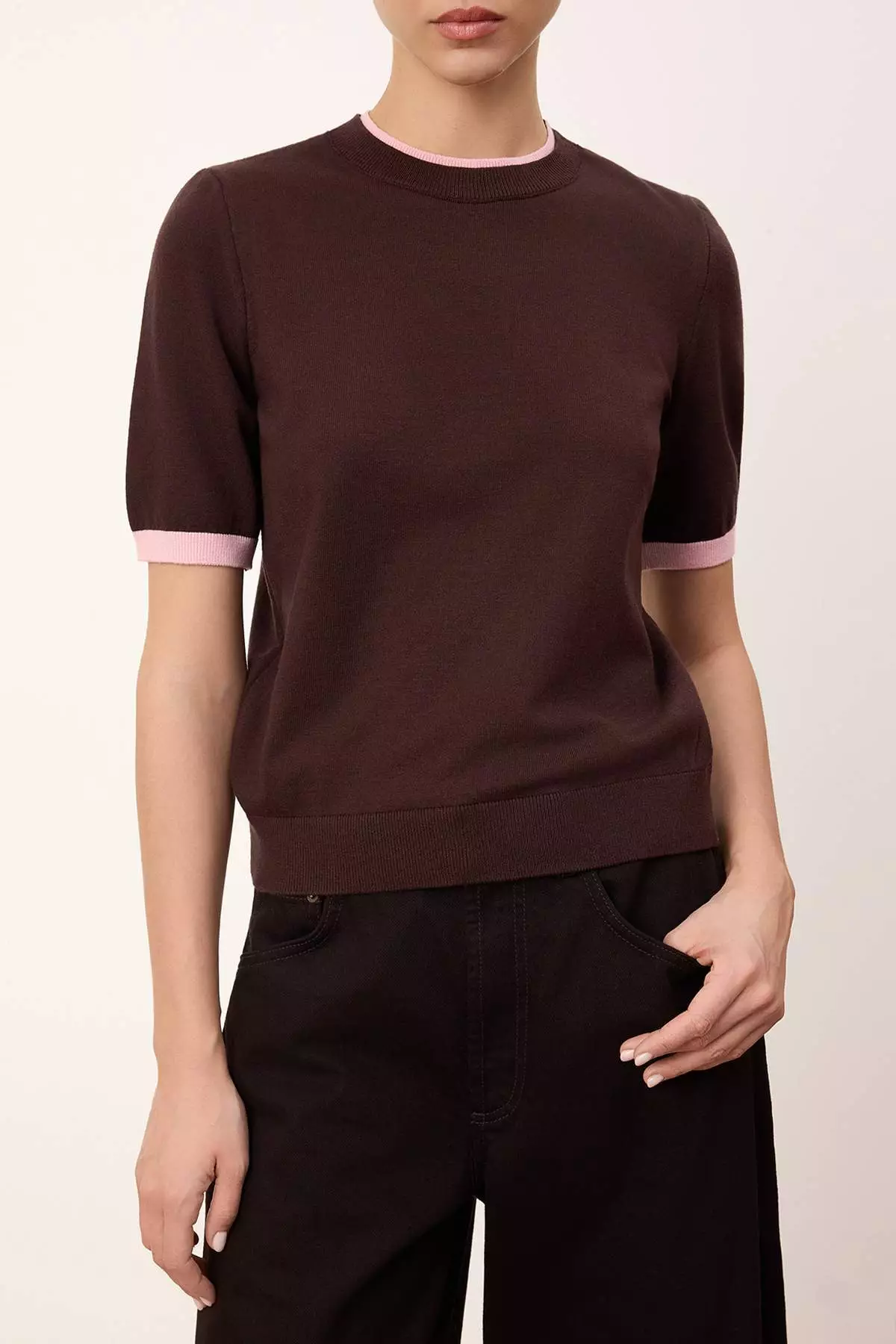 Wardrobe Essentials Brown Premium Yarn Color Block Crew Neck Knitwear Blouse Twoss26Bz133