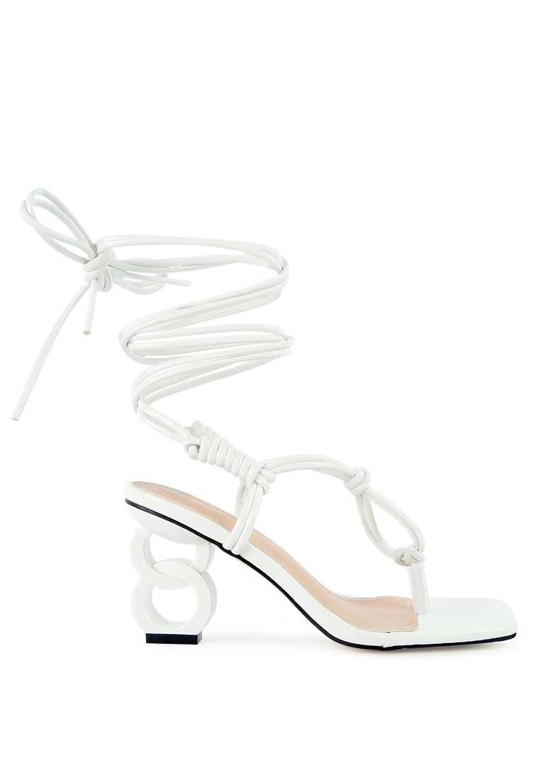 White Lace Up Thong Chain Heel Sandal