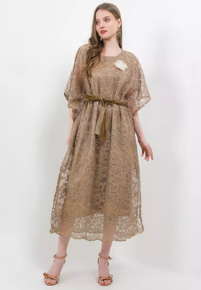 Belted Emb Tulle Batwing Kaftan W/ Corsage