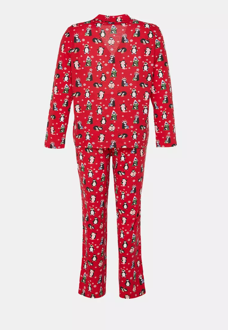 New Year's Themed Red Knitted Pajamas Set - Shirt Collar Tbbaw24Ai00002