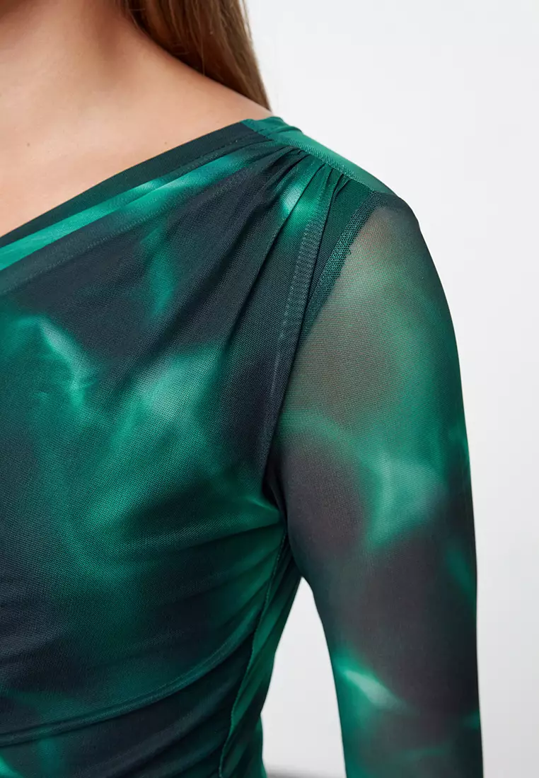 Multicolored Tulle Fitted Lined Asymmetrical Collar Blouse