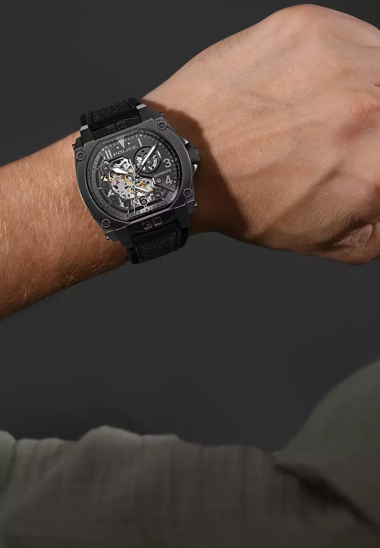 Police Norwood Black Leather Analog Automatic Watch For Men PPEWGE0040003