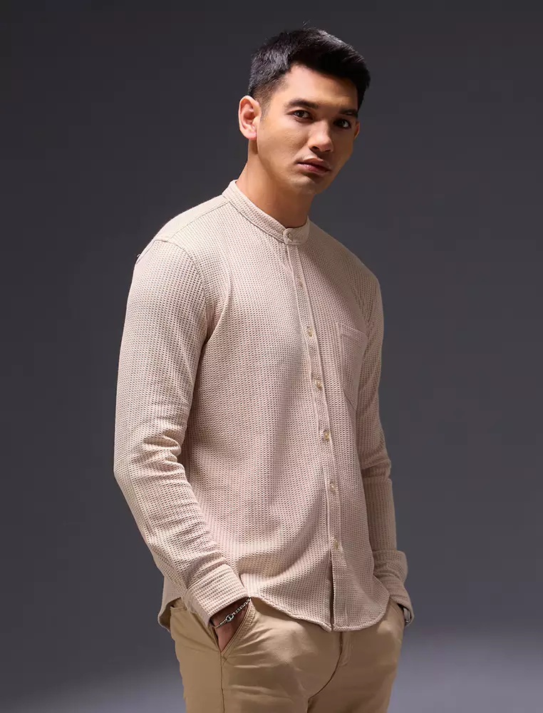 OXCON kemeja Tangan Panjang Waffle Kerah Collarless Cream
