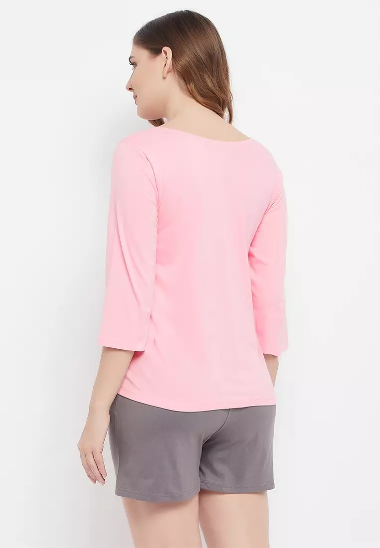 Clovia Cactus Print Top in Baby Pink & Chic Basic Shorts in Grey - 100% Cotton